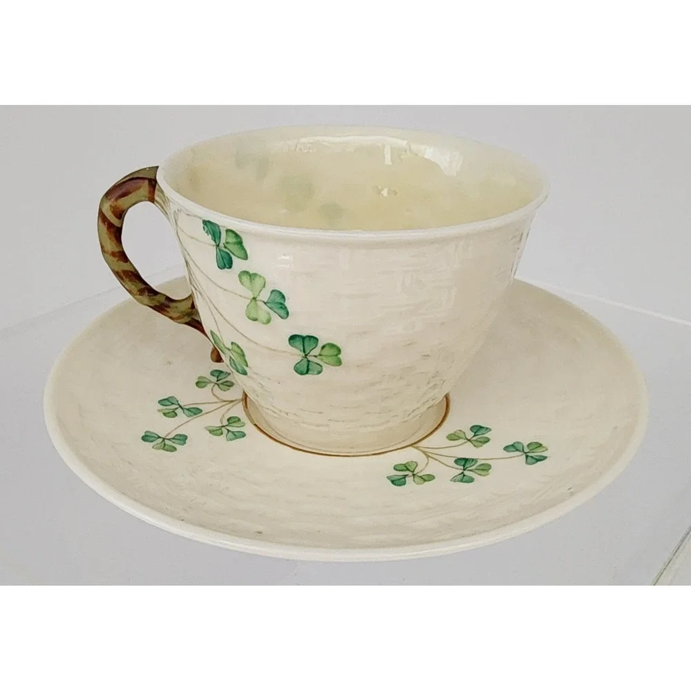 Belleek Shamrock Tea Cup Saucer Vase Basketweave Ireland Green Mark
